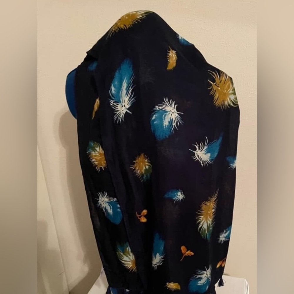 Talbots Floral Black Scarf w/gold & blues. 28”x72” 100% Viscose Dry Clean